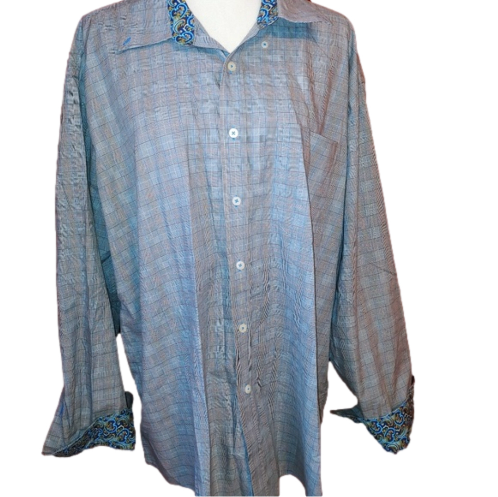 Alan Flusser Blue Plaid Dress Shirt with Paisley Trim